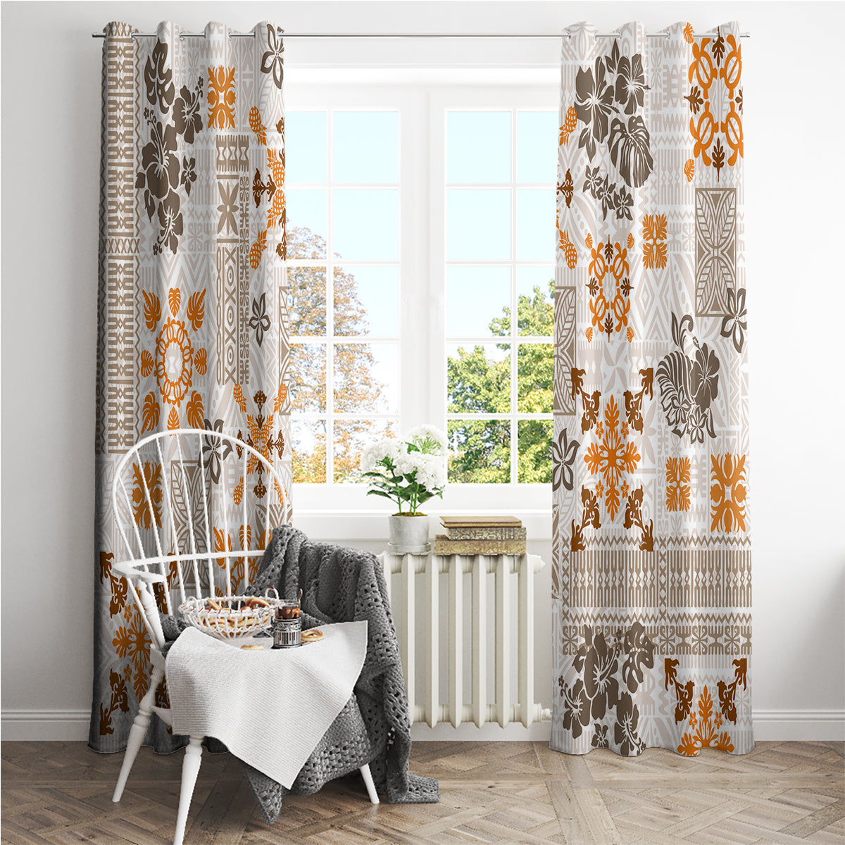 Hawaii Tapa Tribal Window Curtain With Hawaiian Quilt Pattern Gold - Wonder Print Shop