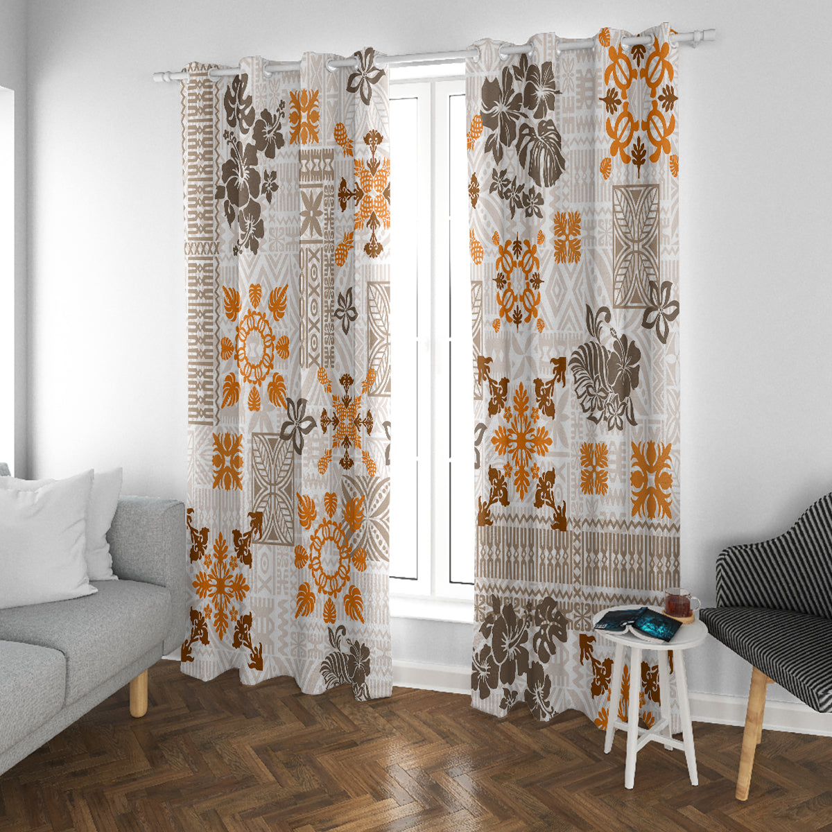 Hawaii Tapa Tribal Window Curtain With Hawaiian Quilt Pattern Gold - Wonder Print Shop