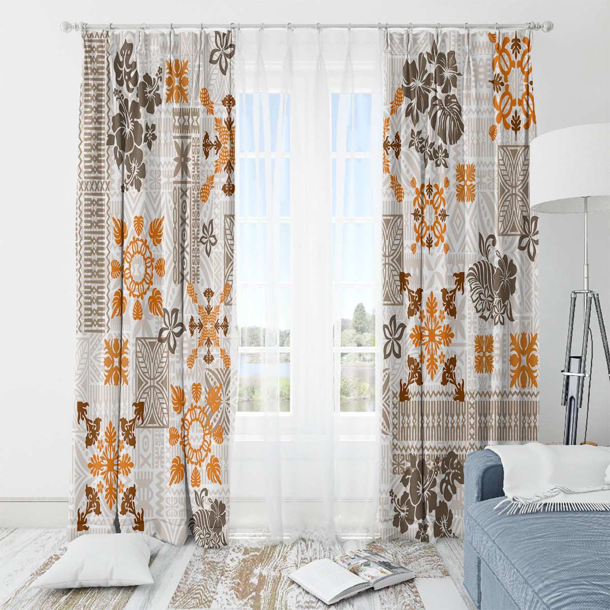 Hawaii Tapa Tribal Window Curtain With Hawaiian Quilt Pattern Gold - Wonder Print Shop