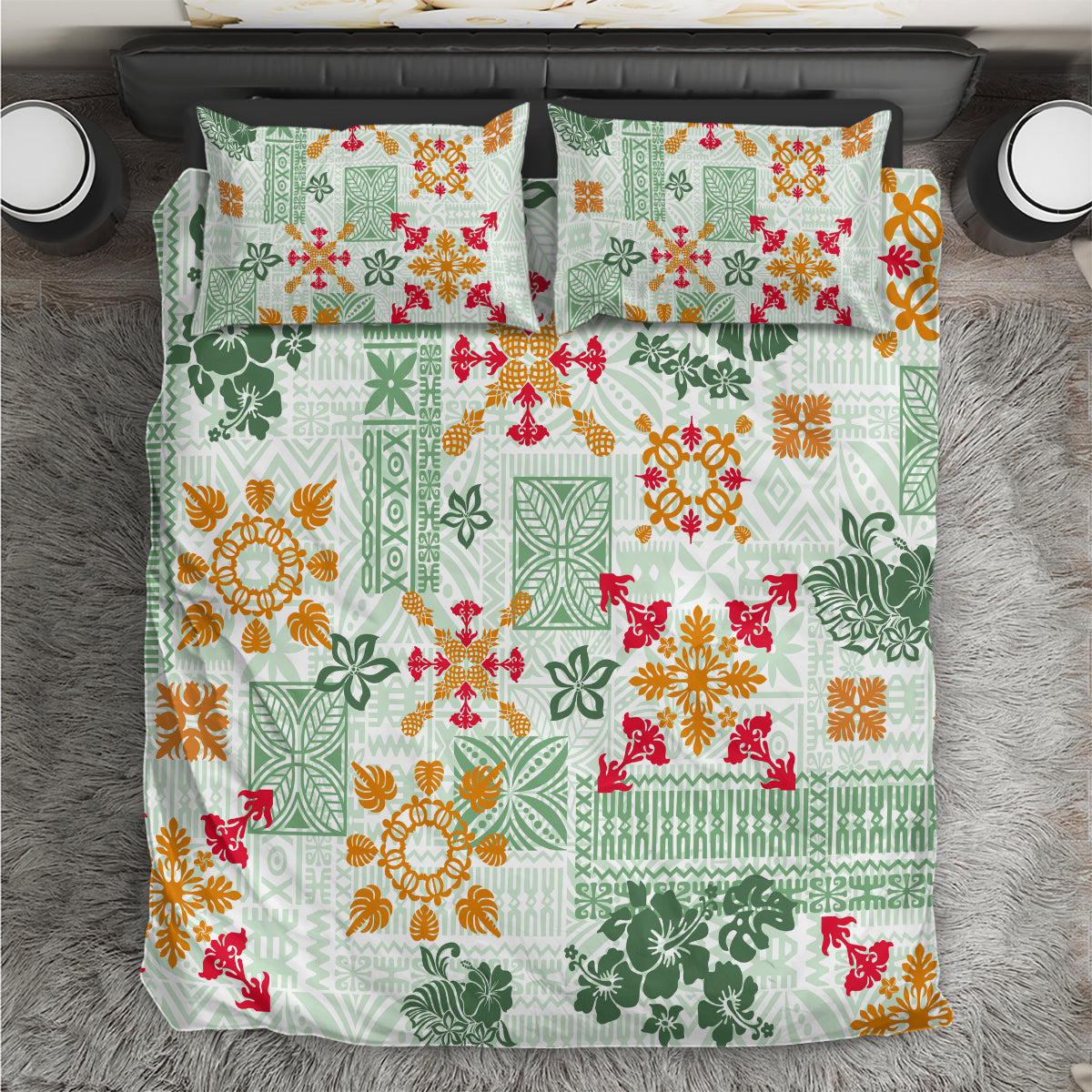 Hawaii Tapa Tribal Bedding Set With Hawaiian Quilt Pattern Green LT9 - Wonder Print Shop