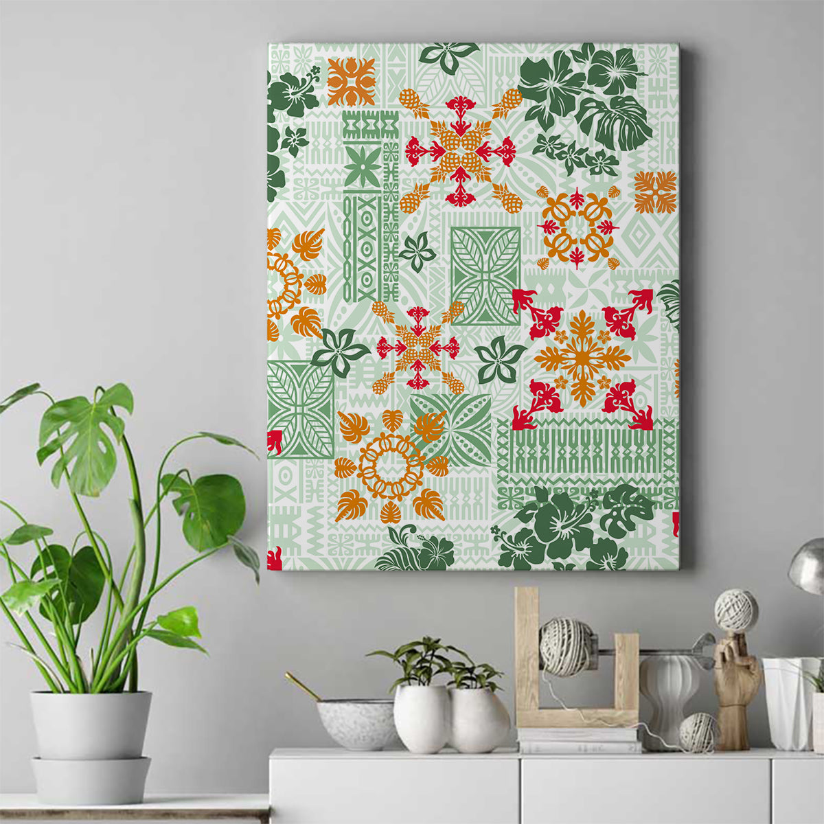 Hawaii Tapa Tribal Canvas Wall Art With Hawaiian Quilt Pattern Green LT9 - Wonder Print Shop
