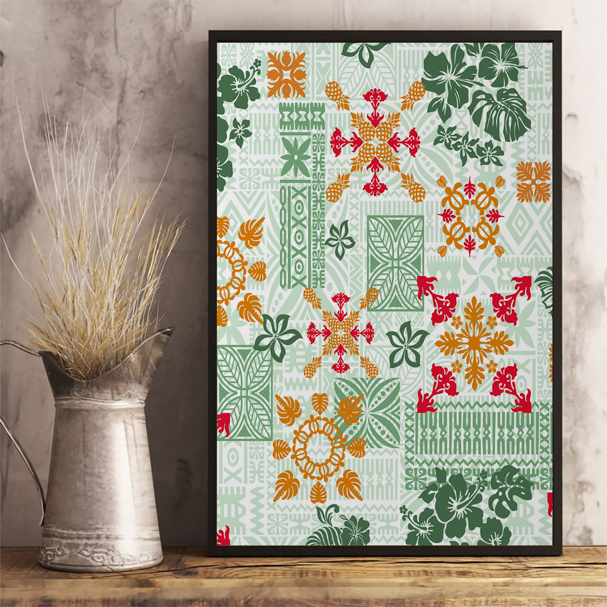 Hawaii Tapa Tribal Canvas Wall Art With Hawaiian Quilt Pattern Green LT9 - Wonder Print Shop