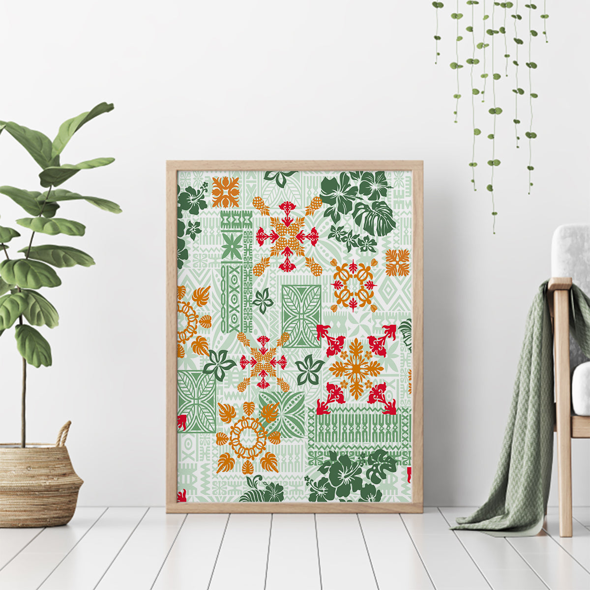 Hawaii Tapa Tribal Canvas Wall Art With Hawaiian Quilt Pattern Green LT9 - Wonder Print Shop