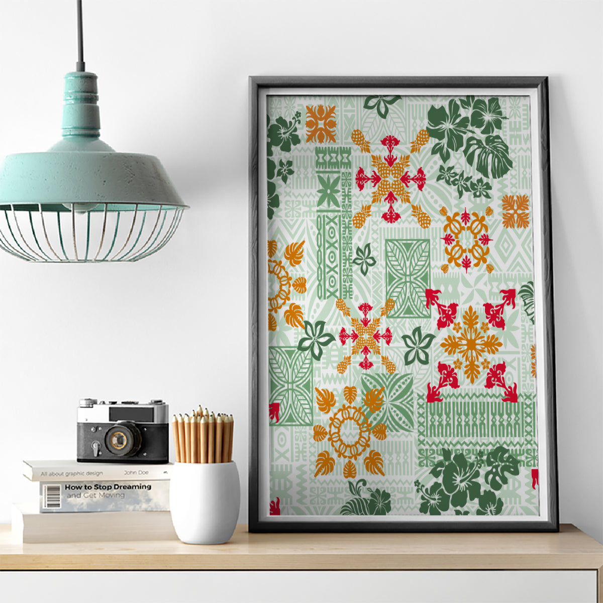 Hawaii Tapa Tribal Canvas Wall Art With Hawaiian Quilt Pattern Green LT9 - Wonder Print Shop