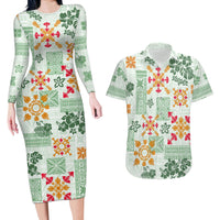 Hawaii Tapa Tribal Couples Matching Long Sleeve Bodycon Dress and Hawaiian Shirt With Hawaiian Quilt Pattern Green LT9 - Wonder Print Shop