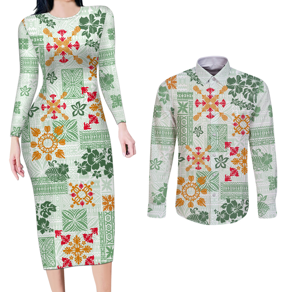 Hawaii Tapa Tribal Couples Matching Long Sleeve Bodycon Dress and Long Sleeve Button Shirt With Hawaiian Quilt Pattern Green LT9 - Wonder Print Shop