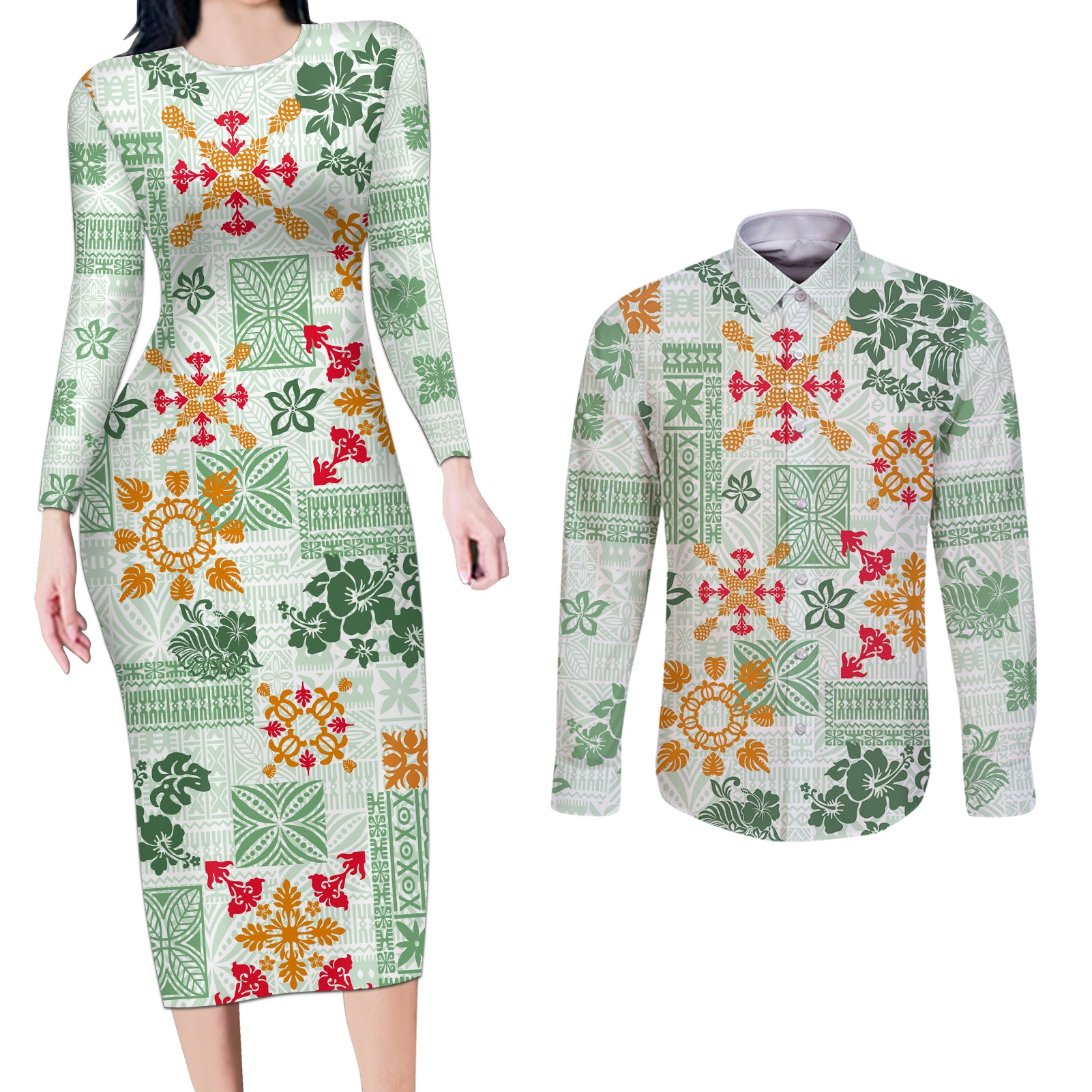 Hawaii Tapa Tribal Couples Matching Long Sleeve Bodycon Dress and Long Sleeve Button Shirt With Hawaiian Quilt Pattern Green LT9 - Wonder Print Shop