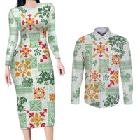 Hawaii Tapa Tribal Couples Matching Long Sleeve Bodycon Dress and Long Sleeve Button Shirt With Hawaiian Quilt Pattern Green LT9 - Wonder Print Shop