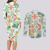 Hawaii Tapa Tribal Couples Matching Long Sleeve Bodycon Dress and Long Sleeve Button Shirt With Hawaiian Quilt Pattern Green LT9 - Wonder Print Shop