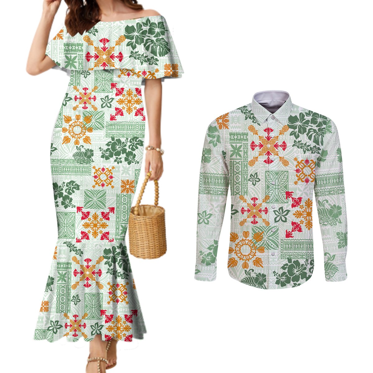 hawaii-tapa-tribal-couples-matching-mermaid-dress-and-long-sleeve-button-shirt-with-hawaiian-quilt-pattern-green