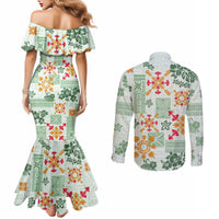 hawaii-tapa-tribal-couples-matching-mermaid-dress-and-long-sleeve-button-shirt-with-hawaiian-quilt-pattern-green