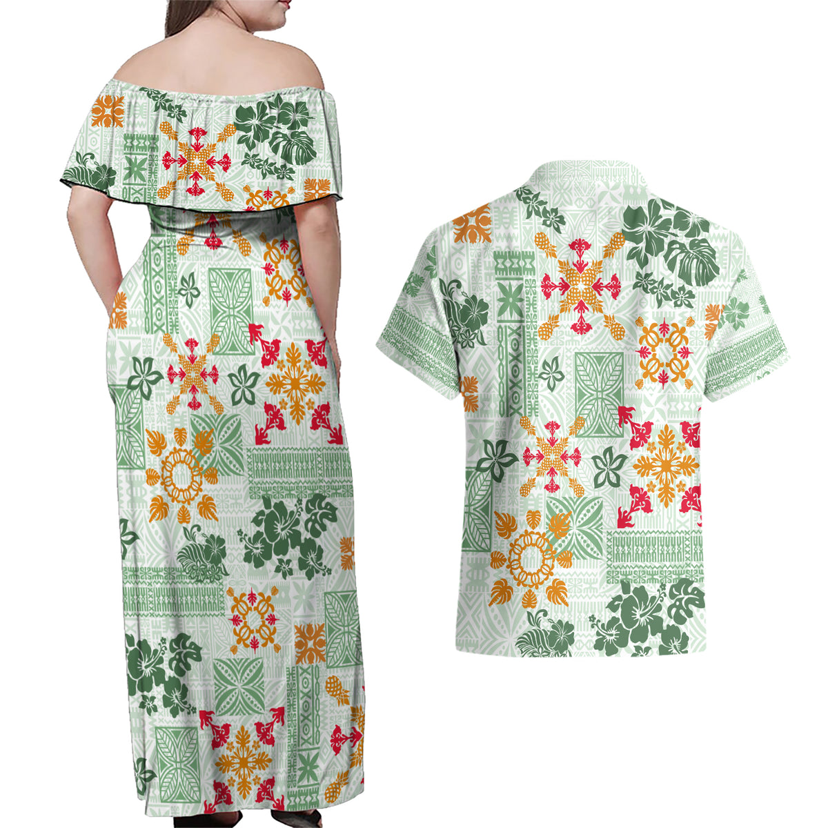 Hawaii Tapa Tribal Couples Matching Off Shoulder Maxi Dress and Hawaiian Shirt With Hawaiian Quilt Pattern Green LT9 - Wonder Print Shop
