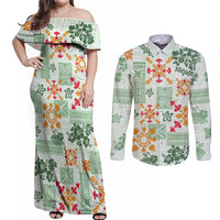 Hawaii Tapa Tribal Couples Matching Off Shoulder Maxi Dress and Long Sleeve Button Shirt With Hawaiian Quilt Pattern Green LT9 - Wonder Print Shop