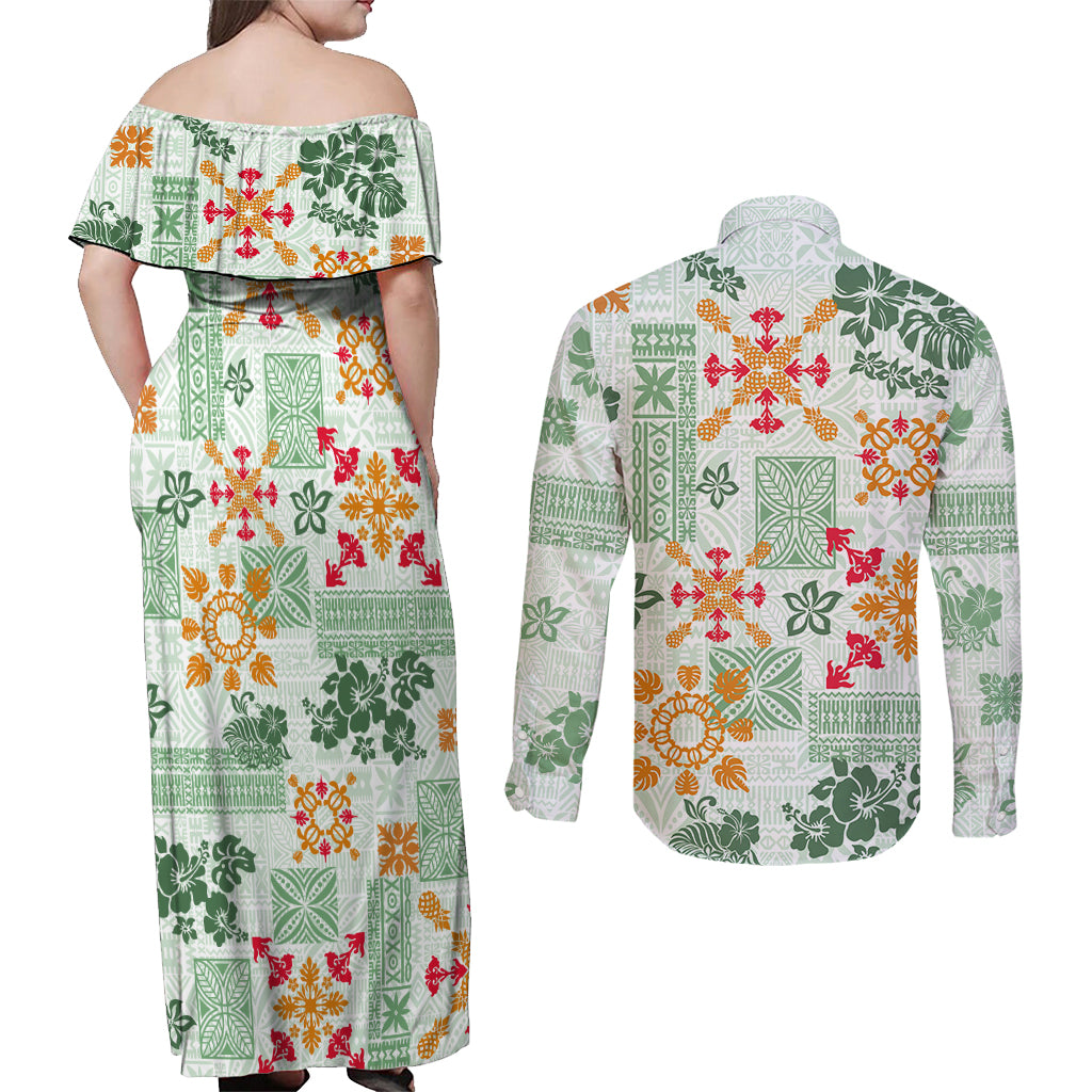 Hawaii Tapa Tribal Couples Matching Off Shoulder Maxi Dress and Long Sleeve Button Shirt With Hawaiian Quilt Pattern Green LT9 - Wonder Print Shop