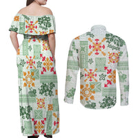 Hawaii Tapa Tribal Couples Matching Off Shoulder Maxi Dress and Long Sleeve Button Shirt With Hawaiian Quilt Pattern Green LT9 - Wonder Print Shop