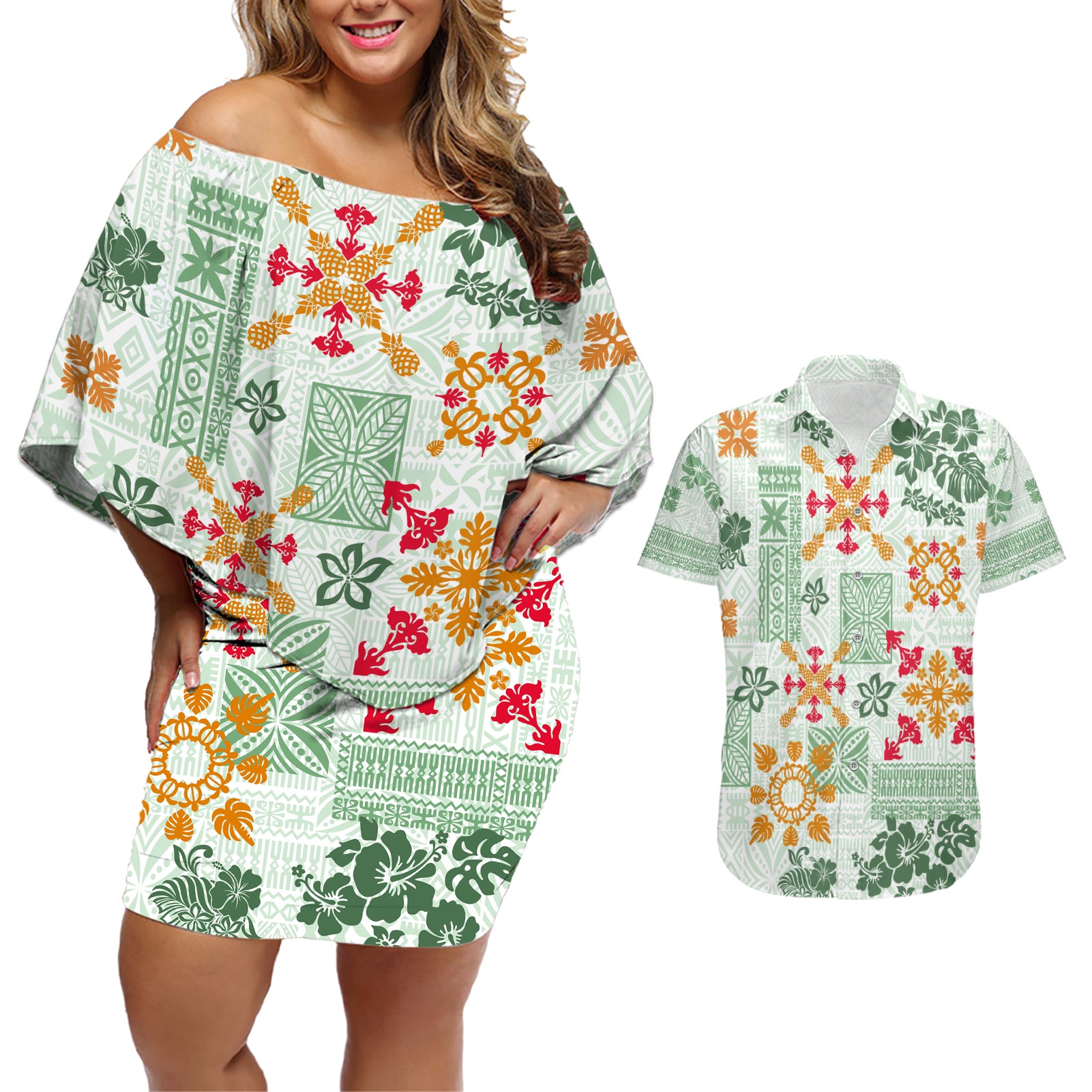 Hawaii Tapa Tribal Couples Matching Off Shoulder Short Dress and Hawaiian Shirt With Hawaiian Quilt Pattern Green LT9 - Wonder Print Shop