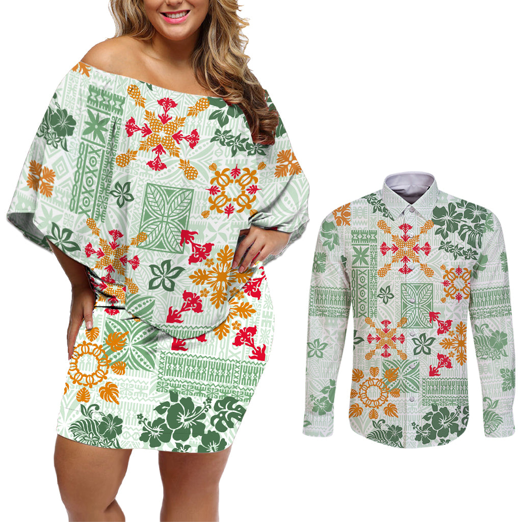 Hawaii Tapa Tribal Couples Matching Off Shoulder Short Dress and Long Sleeve Button Shirt With Hawaiian Quilt Pattern Green LT9 - Wonder Print Shop