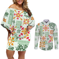Hawaii Tapa Tribal Couples Matching Off Shoulder Short Dress and Long Sleeve Button Shirt With Hawaiian Quilt Pattern Green LT9 - Wonder Print Shop