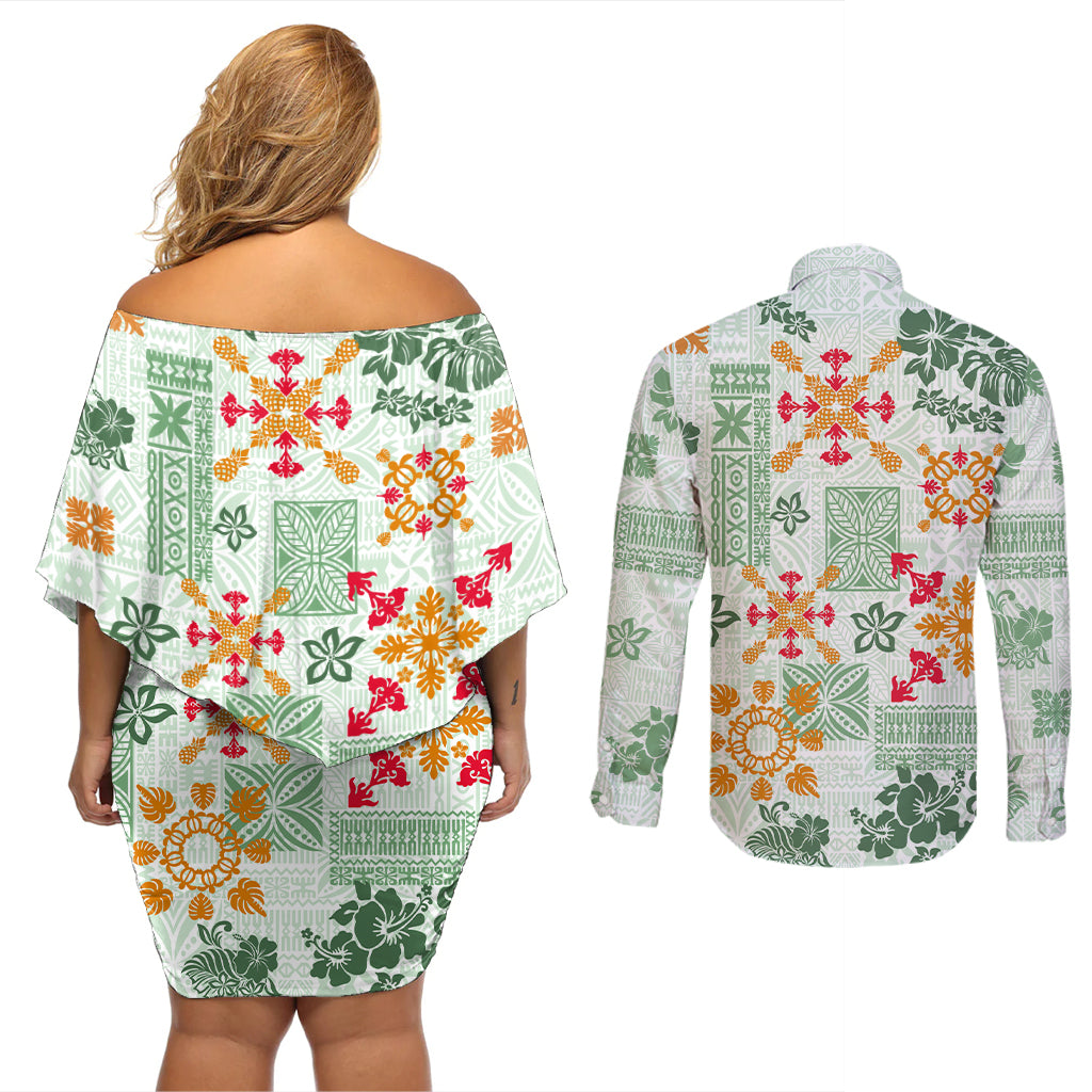 Hawaii Tapa Tribal Couples Matching Off Shoulder Short Dress and Long Sleeve Button Shirt With Hawaiian Quilt Pattern Green LT9 - Wonder Print Shop