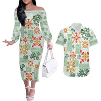 Hawaii Tapa Tribal Couples Matching Off The Shoulder Long Sleeve Dress and Hawaiian Shirt With Hawaiian Quilt Pattern Green LT9 - Wonder Print Shop