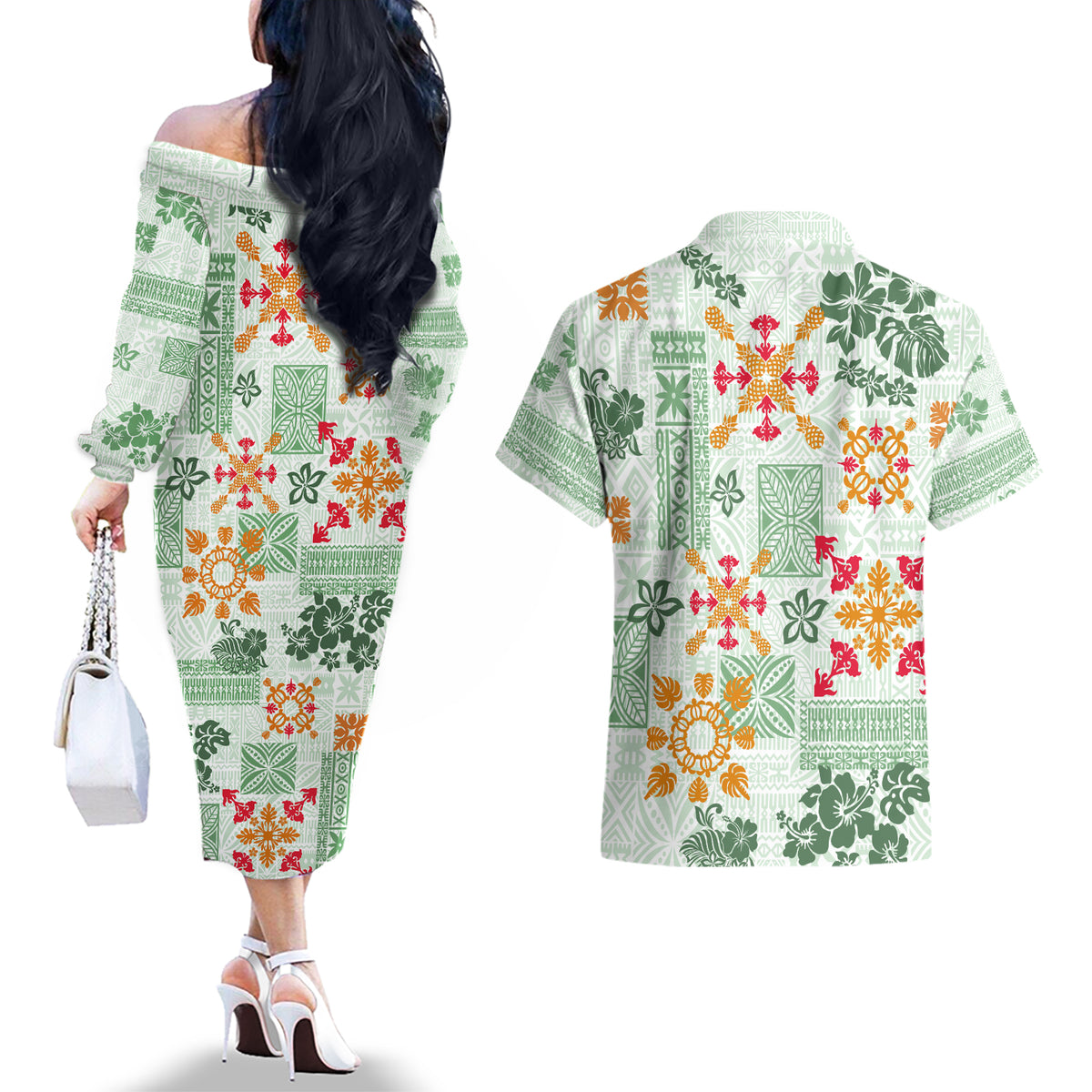 Hawaii Tapa Tribal Couples Matching Off The Shoulder Long Sleeve Dress and Hawaiian Shirt With Hawaiian Quilt Pattern Green LT9 - Wonder Print Shop