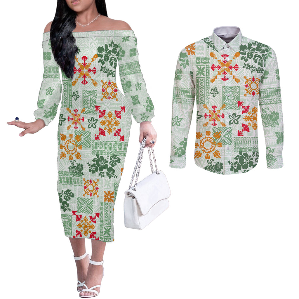 hawaii-tapa-tribal-couples-matching-off-the-shoulder-long-sleeve-dress-and-long-sleeve-button-shirt-with-hawaiian-quilt-pattern-green