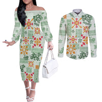 hawaii-tapa-tribal-couples-matching-off-the-shoulder-long-sleeve-dress-and-long-sleeve-button-shirt-with-hawaiian-quilt-pattern-green