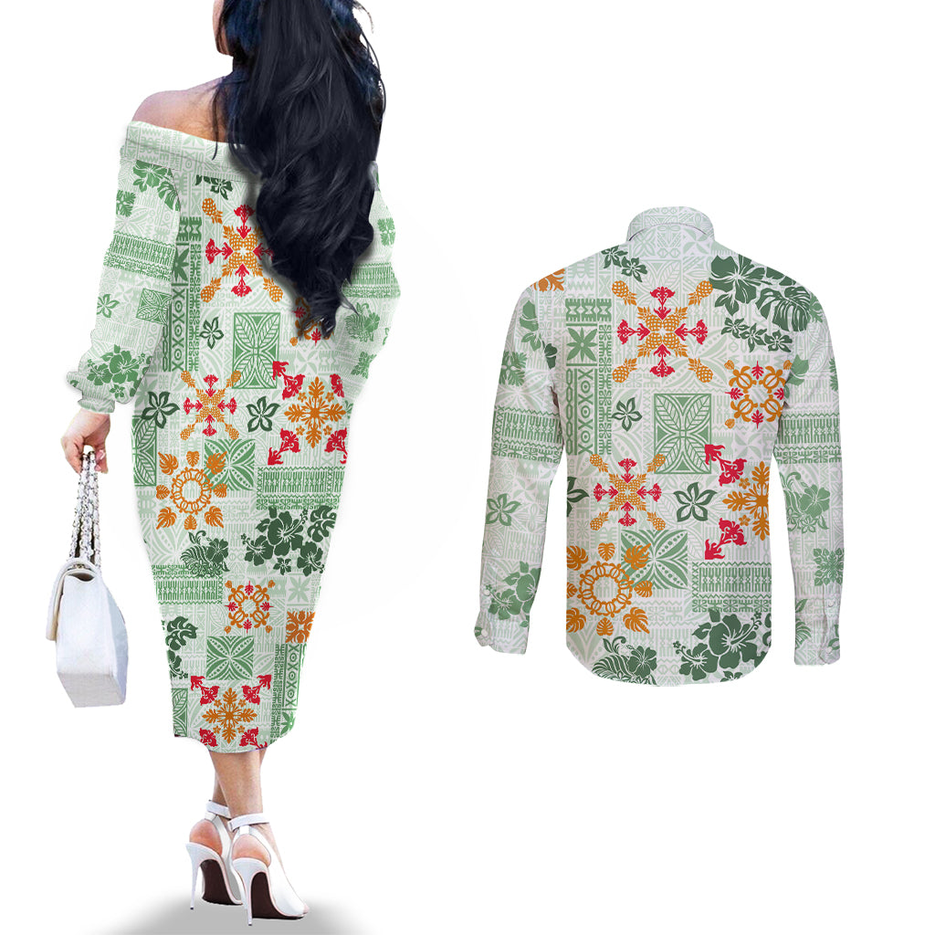 hawaii-tapa-tribal-couples-matching-off-the-shoulder-long-sleeve-dress-and-long-sleeve-button-shirt-with-hawaiian-quilt-pattern-green