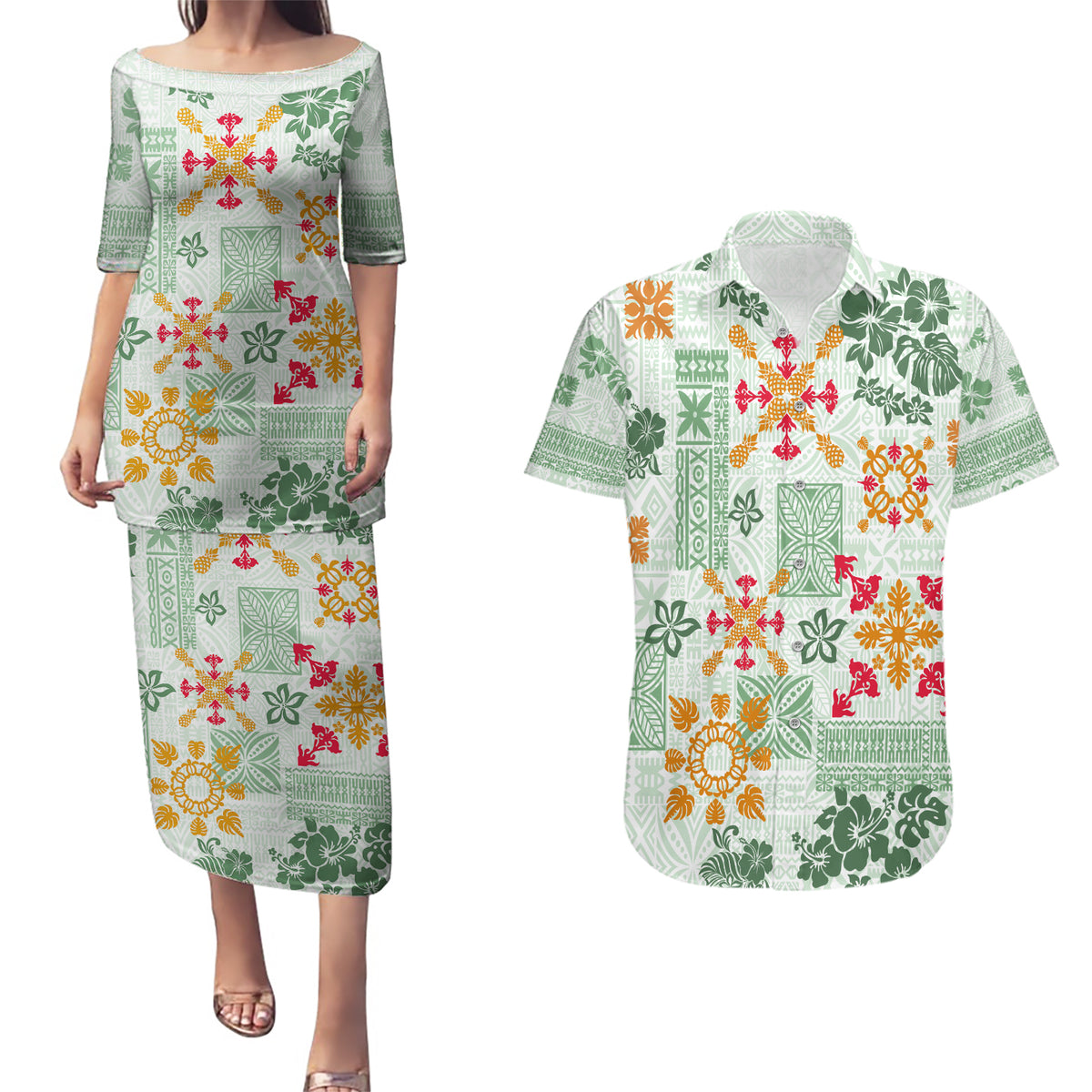 Hawaii Tapa Tribal Couples Matching Puletasi Dress and Hawaiian Shirt With Hawaiian Quilt Pattern Green LT9 - Wonder Print Shop
