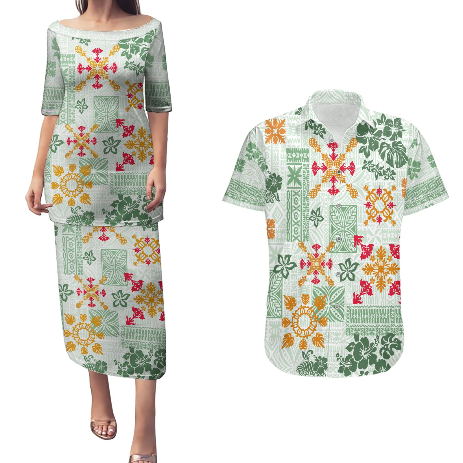 Hawaii Tapa Tribal Couples Matching Puletasi Dress and Hawaiian Shirt With Hawaiian Quilt Pattern Green LT9 - Wonder Print Shop