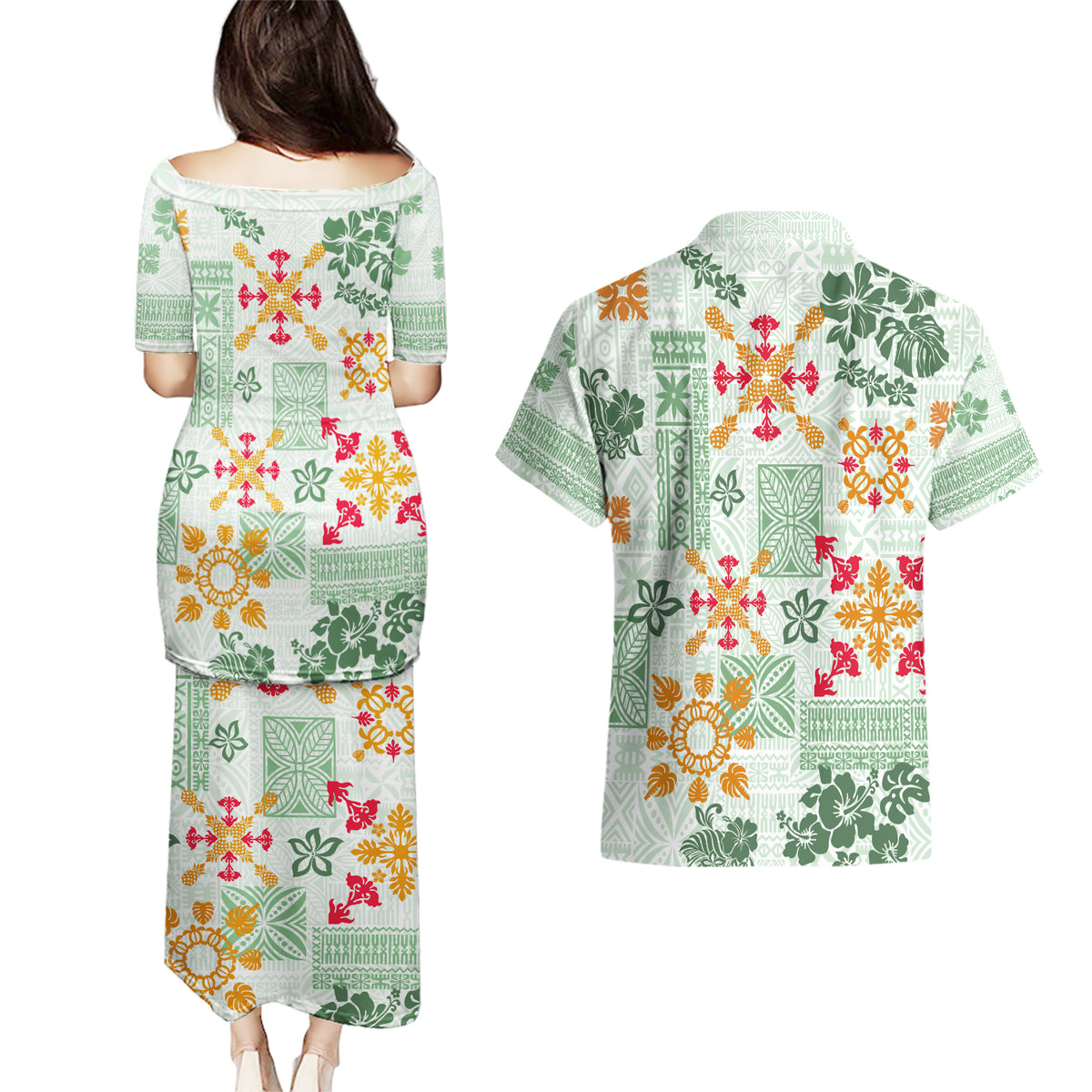 Hawaii Tapa Tribal Couples Matching Puletasi Dress and Hawaiian Shirt With Hawaiian Quilt Pattern Green LT9 - Wonder Print Shop