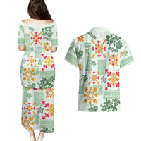 Hawaii Tapa Tribal Couples Matching Puletasi Dress and Hawaiian Shirt With Hawaiian Quilt Pattern Green LT9 - Wonder Print Shop