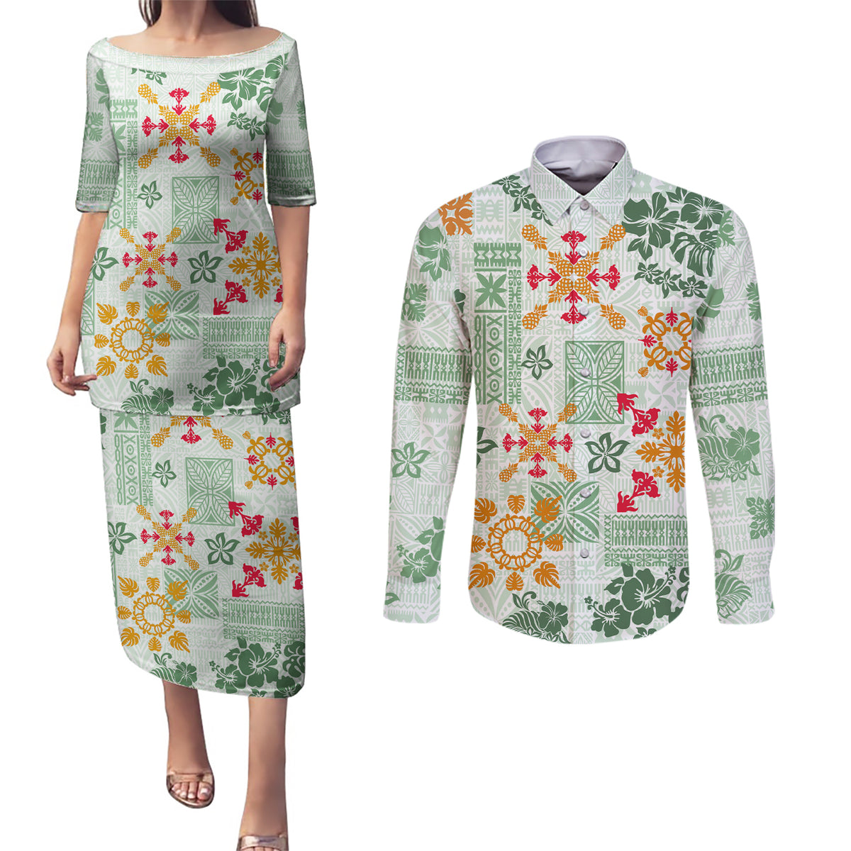 Hawaii Tapa Tribal Couples Matching Puletasi Dress and Long Sleeve Button Shirt With Hawaiian Quilt Pattern Green LT9 - Wonder Print Shop