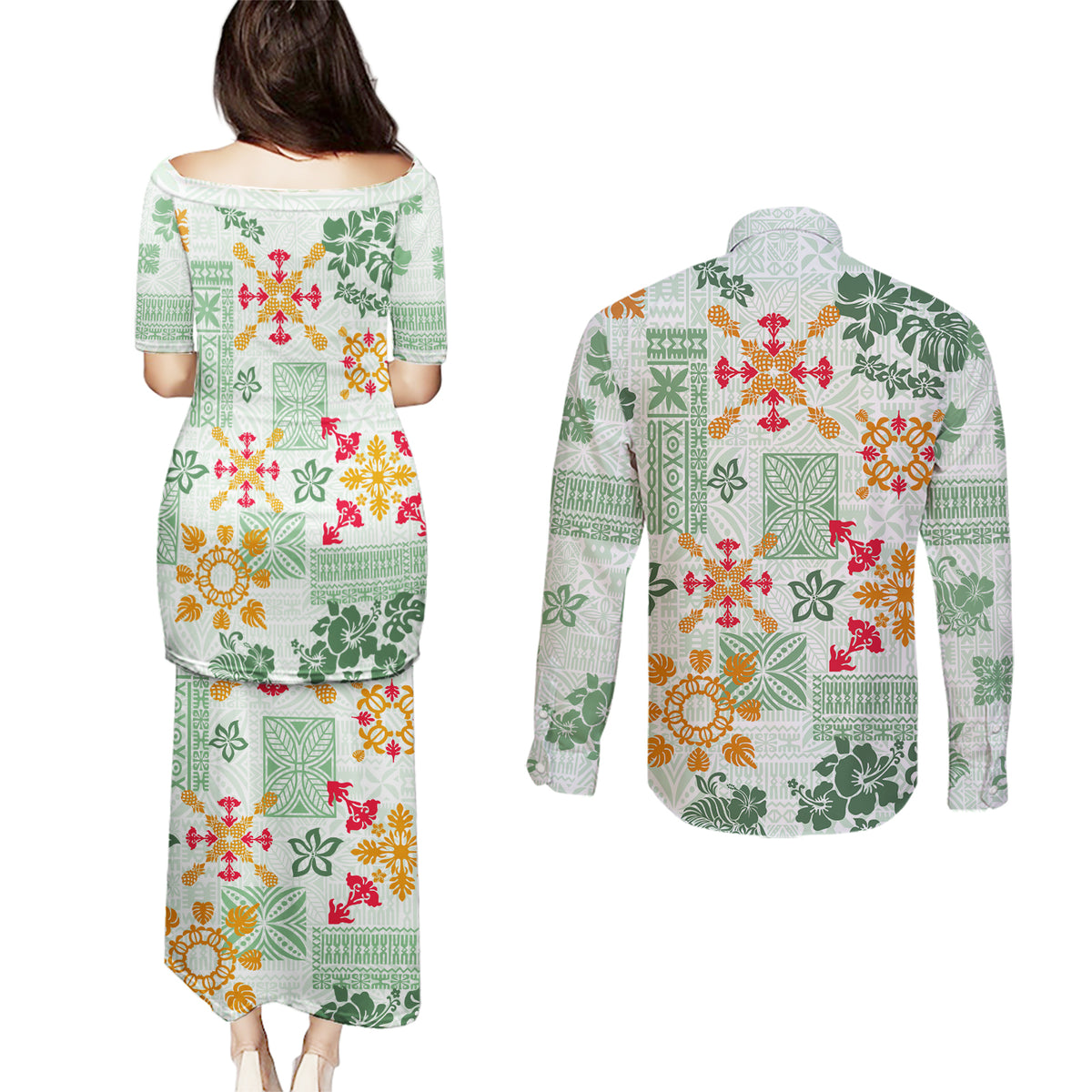 Hawaii Tapa Tribal Couples Matching Puletasi Dress and Long Sleeve Button Shirt With Hawaiian Quilt Pattern Green LT9 - Wonder Print Shop