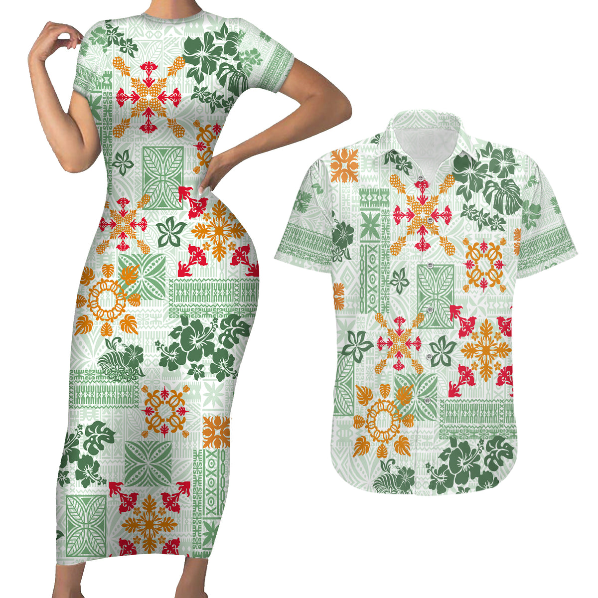 Hawaii Tapa Tribal Couples Matching Short Sleeve Bodycon Dress and Hawaiian Shirt With Hawaiian Quilt Pattern Green LT9 - Wonder Print Shop