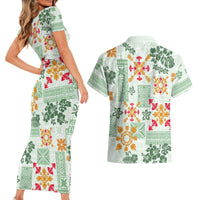 Hawaii Tapa Tribal Couples Matching Short Sleeve Bodycon Dress and Hawaiian Shirt With Hawaiian Quilt Pattern Green LT9 - Wonder Print Shop