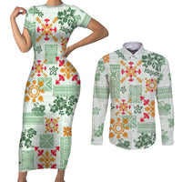 Hawaii Tapa Tribal Couples Matching Short Sleeve Bodycon Dress and Long Sleeve Button Shirt With Hawaiian Quilt Pattern Green LT9 - Wonder Print Shop