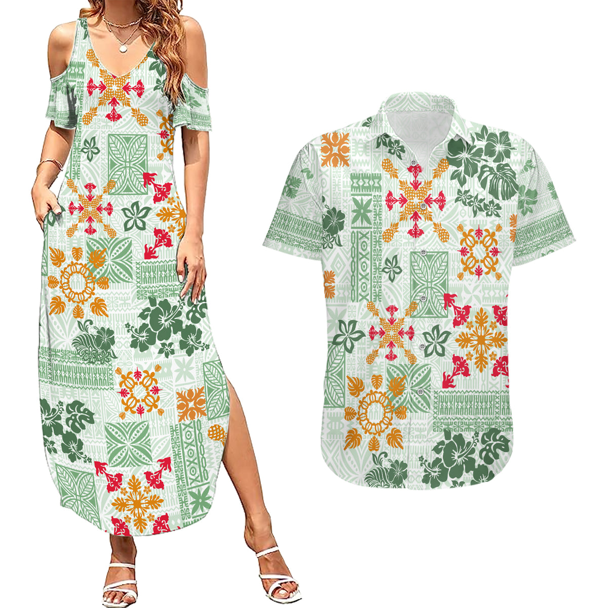 Hawaii Tapa Tribal Couples Matching Summer Maxi Dress and Hawaiian Shirt With Hawaiian Quilt Pattern Green LT9 - Wonder Print Shop