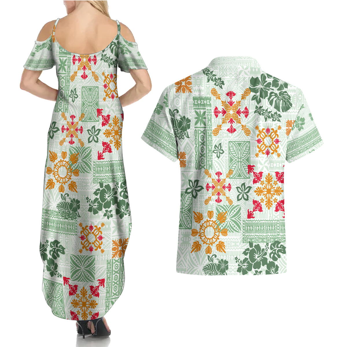 Hawaii Tapa Tribal Couples Matching Summer Maxi Dress and Hawaiian Shirt With Hawaiian Quilt Pattern Green LT9 - Wonder Print Shop