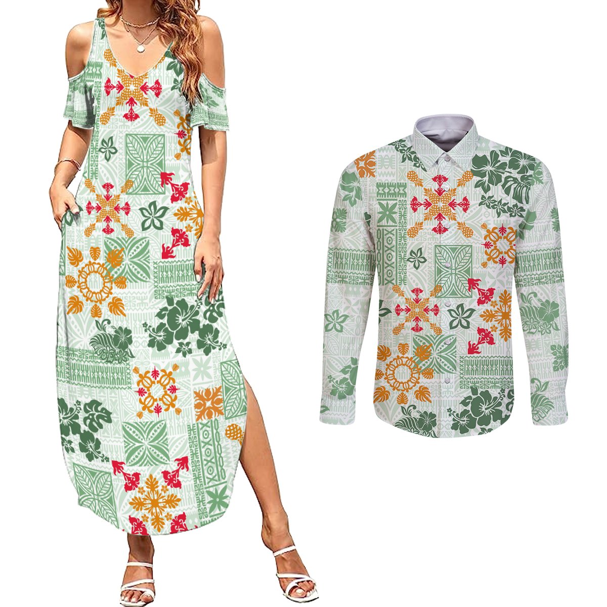 Hawaii Tapa Tribal Couples Matching Summer Maxi Dress and Long Sleeve Button Shirt With Hawaiian Quilt Pattern Green LT9 - Wonder Print Shop