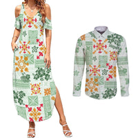 Hawaii Tapa Tribal Couples Matching Summer Maxi Dress and Long Sleeve Button Shirt With Hawaiian Quilt Pattern Green LT9 - Wonder Print Shop