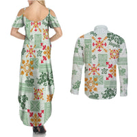 Hawaii Tapa Tribal Couples Matching Summer Maxi Dress and Long Sleeve Button Shirt With Hawaiian Quilt Pattern Green LT9 - Wonder Print Shop