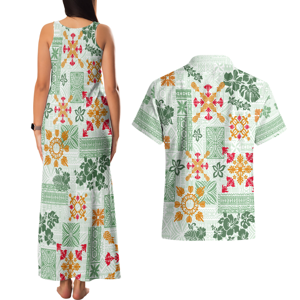 Hawaii Tapa Tribal Couples Matching Tank Maxi Dress and Hawaiian Shirt With Hawaiian Quilt Pattern Green LT9 - Wonder Print Shop