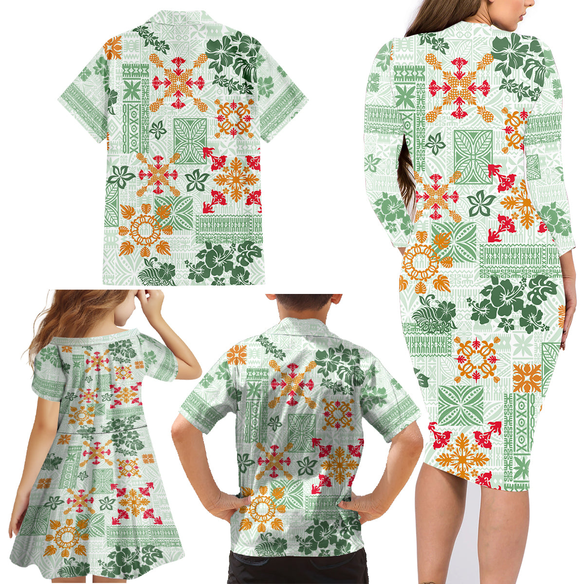 Hawaii Tapa Tribal Family Matching Long Sleeve Bodycon Dress and Hawaiian Shirt With Hawaiian Quilt Pattern Green LT9 - Wonder Print Shop