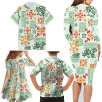 Hawaii Tapa Tribal Family Matching Long Sleeve Bodycon Dress and Hawaiian Shirt With Hawaiian Quilt Pattern Green LT9 - Wonder Print Shop