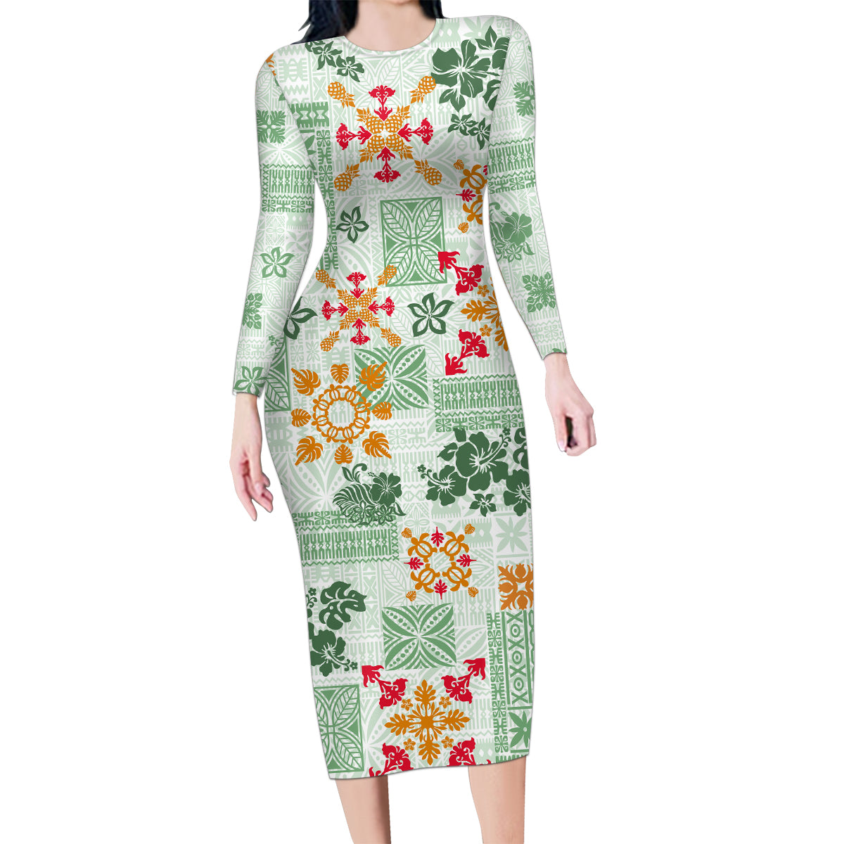 Hawaii Tapa Tribal Family Matching Long Sleeve Bodycon Dress and Hawaiian Shirt With Hawaiian Quilt Pattern Green LT9 - Wonder Print Shop