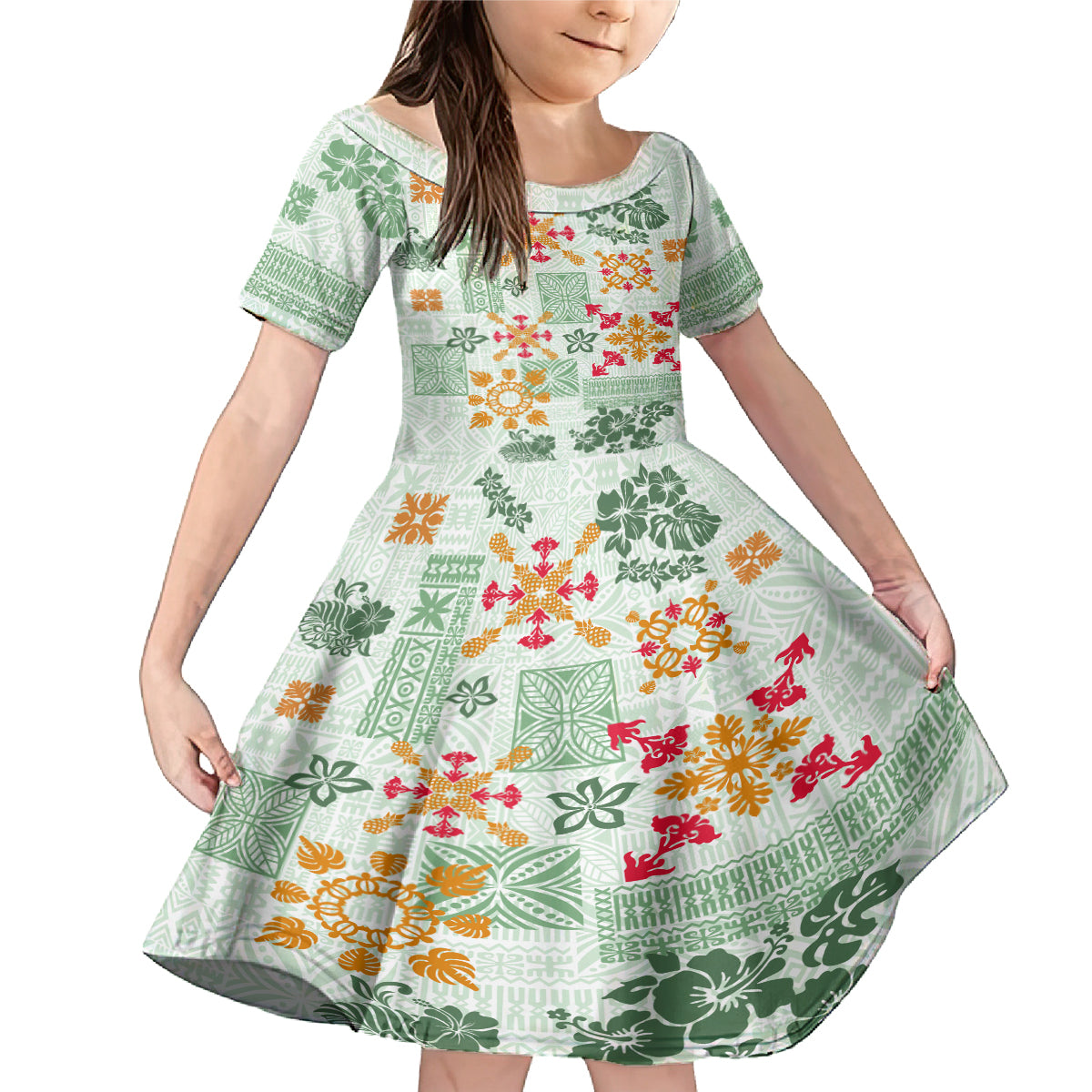 Hawaii Tapa Tribal Family Matching Mermaid Dress and Hawaiian Shirt With Hawaiian Quilt Pattern Green LT9 - Wonder Print Shop