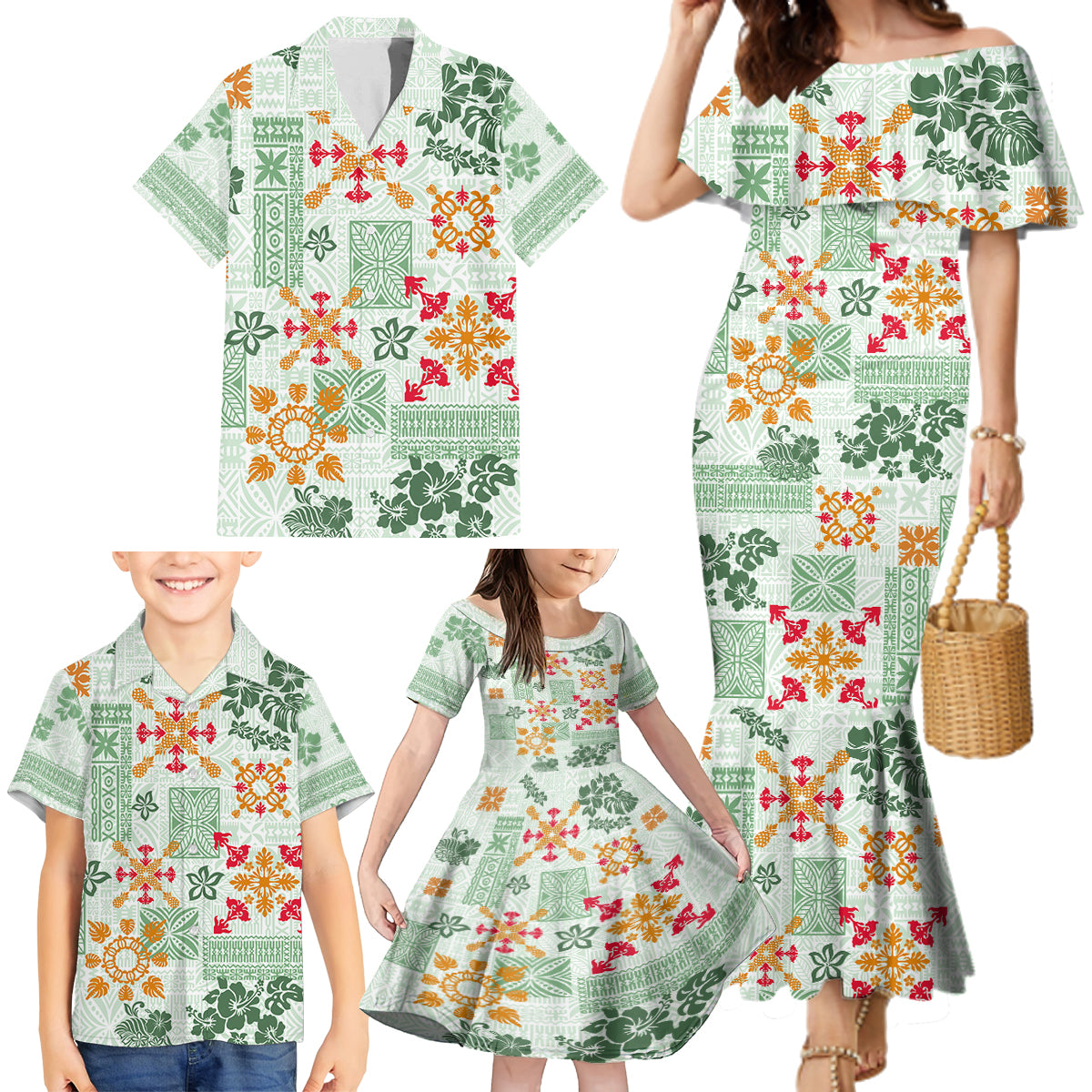 Hawaii Tapa Tribal Family Matching Mermaid Dress and Hawaiian Shirt With Hawaiian Quilt Pattern Green LT9 - Wonder Print Shop