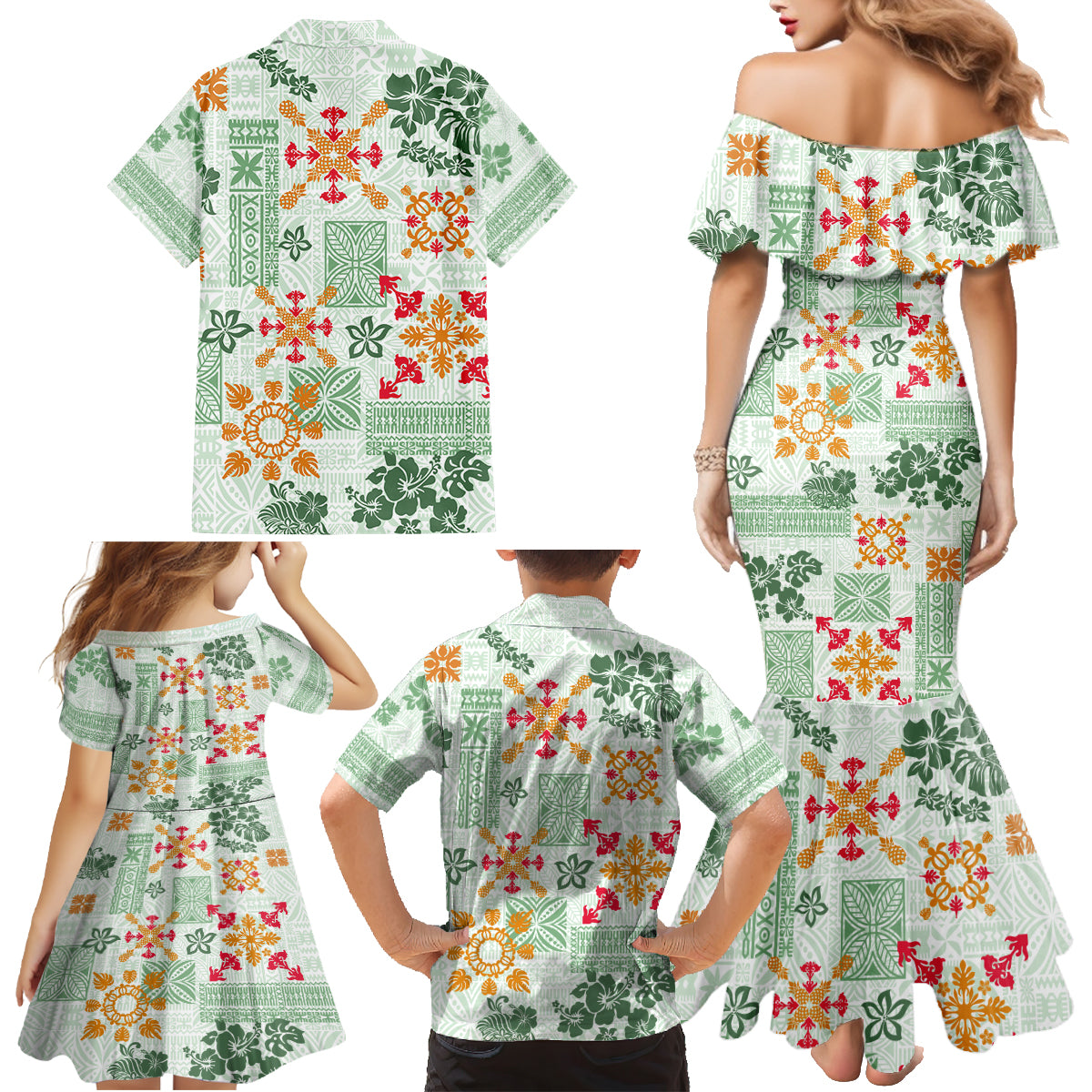 Hawaii Tapa Tribal Family Matching Mermaid Dress and Hawaiian Shirt With Hawaiian Quilt Pattern Green LT9 - Wonder Print Shop