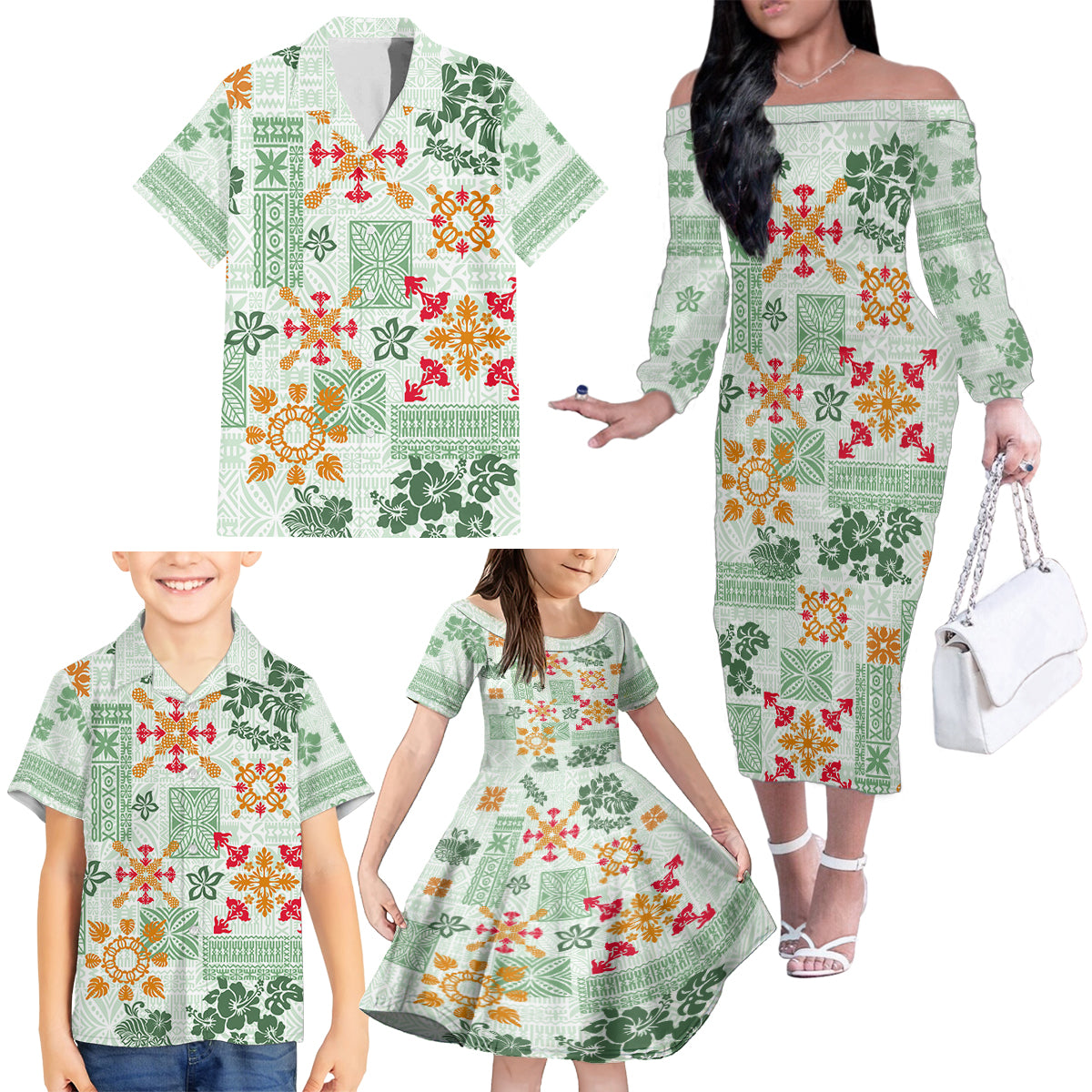 Hawaii Tapa Tribal Family Matching Off Shoulder Long Sleeve Dress and Hawaiian Shirt With Hawaiian Quilt Pattern Green - Wonder Print Shop